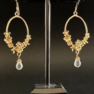 Romantic Floral Flower Antique Style Sterling Silver Gold Hoop Crystal Earrings